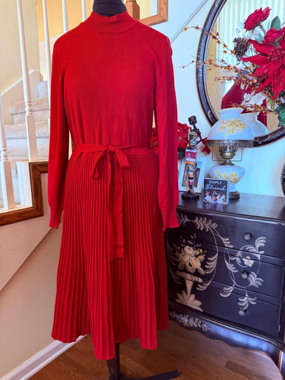 Nina Leonard Red Pleated Midi Sweater Dress with Tie Waist